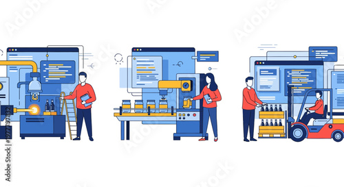 Automated Beverage Bottling Factory Production Line Featuring Workers Managing Conveyor Belts Forklift Transport And Packaging Process Illustration