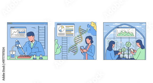 Biotech lab team DNA tech work plant bio study lab science test data map set