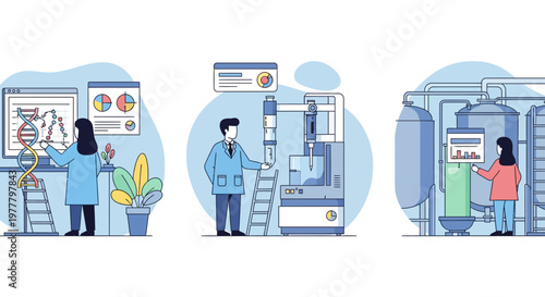 Biotechnology Research Laboratory Professionals Analyzing Genetic DNA Data Conducting Industrial Bio Processing Experiments And Testing Samples