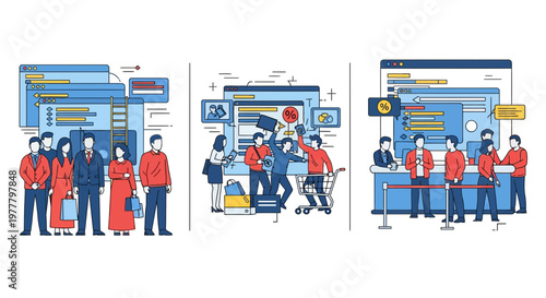 Black Friday sale online shopping concept with people buying products using website interfaces and queuing for store checkout