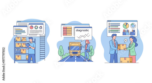 Business logistics operations including warehouse management truck transport tracking and customer parcel delivery service vector collection