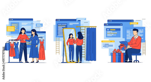 Man woman shop buy dress try on gift box in boutique store web app ui