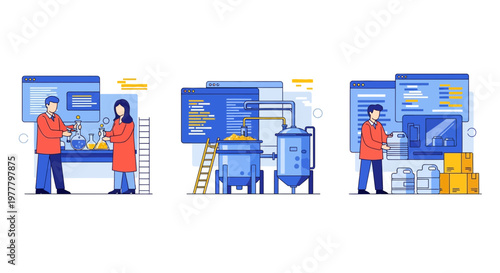 Chemical industrial plant process lab research workers machinery production storage logistics and distribution set collection