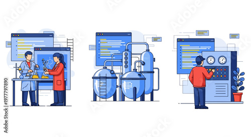 Chemical industry laboratory research and industrial tank processing with worker monitoring control panel system