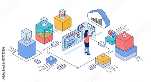 Cloud data management software engineer managing digital server network infrastructure for modern business information technology systems