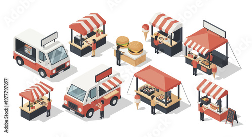 Collection of Isometric Food Trucks and Stalls for Street Food.