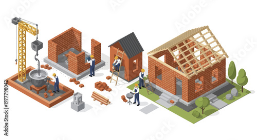 Construction of a house in stages with workers and equipment.
