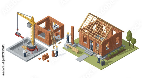 Construction of a House from Foundation to Roof Framing.