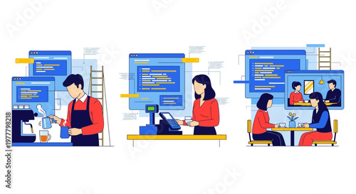 Barista making fresh coffee while customers pay with app and friends chat in modern cafe