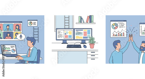 Professional business people working in modern office environment with video call collaboration and productive workspace setup