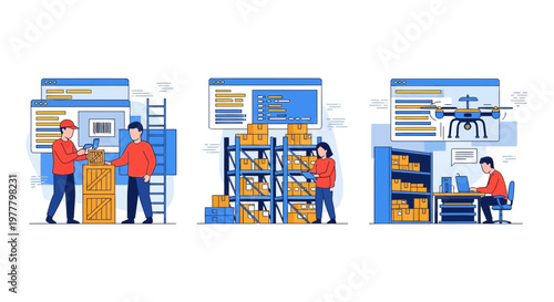 Logistics staff manage smart warehouse inventory using drones apps tools shipping tech supply chain workers