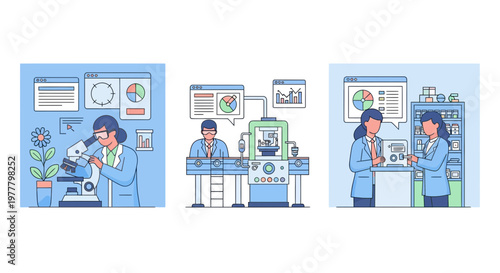 Pharmaceutical drug development research process and medicine production line and professional scientist laboratory work flat vector