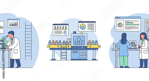 Pharmaceutical industry process medicine production laboratory research scientists drug development and testing in factory environment