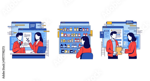 Pharmacy Retail Service Online Medicine Delivery Healthcare Concept Flat Vector Illustration Pharmacist Customer Interaction Medical Store