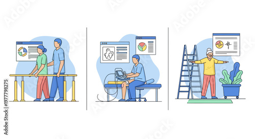 Flat vector illustration showing various physical therapy scenes with patients and therapists in modern clinic