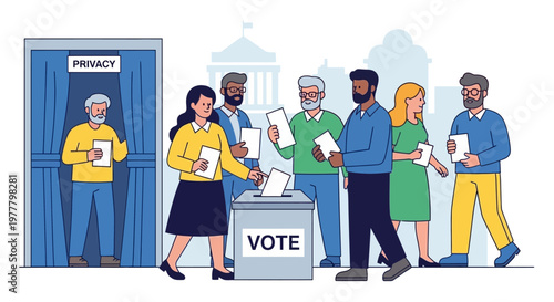 Diverse people casting votes at polling station with privacy booth