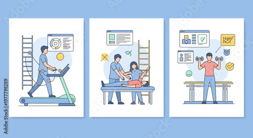 Physical rehab set man walk run lift help fit life care health well be