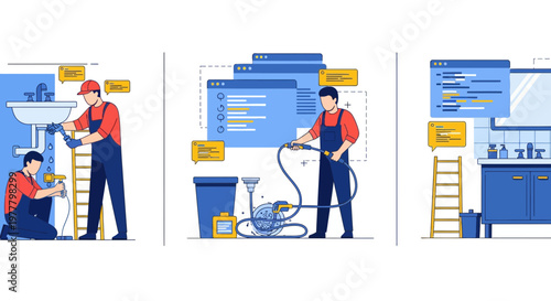 Plumber Fix Sink Pipe Tool Home Job Work Man Team Kit Task Help Care Pro Fast Now