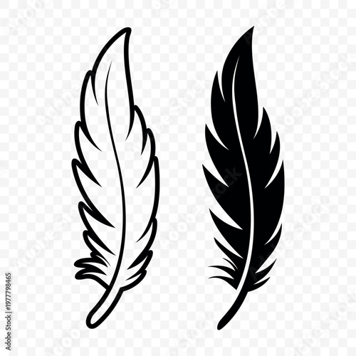 Vector Black and White Silhouette Fluffy Feather Icon. Silhouette Feather Closeup, Isolated. Flamingo, Angel, Bird Feather Design Template. Lightness and Freedom Concept