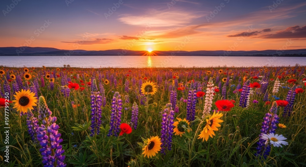 Naklejka premium Vibrant Sunset Over a Field of Wildflowers and Lake, Natures Beauty at Dusk.