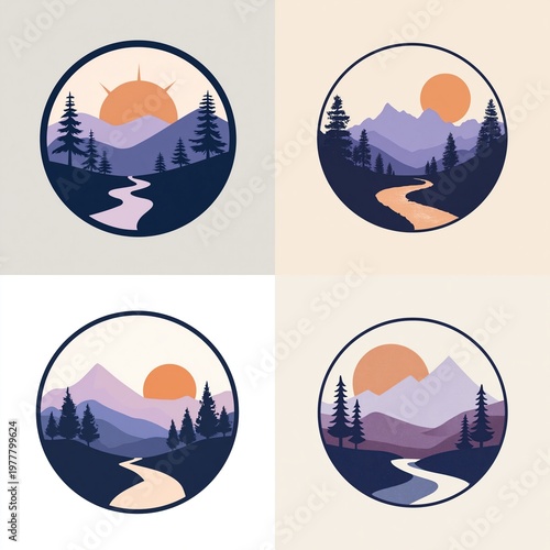 Minimalist logo featuring mountains, a river, and pine trees in a serene landscape