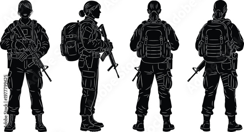 Tactical soldier silhouette, military operator vector, armed forces illustration, combat gear design, rifle backpack figure, security defense artwork