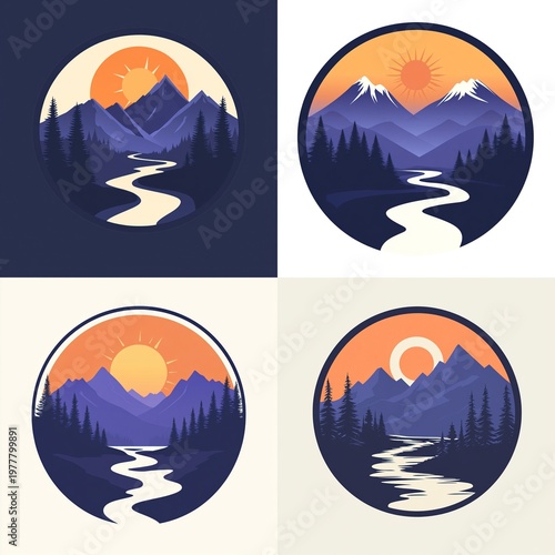Stylized minimalist logo featuring mountains, river, and pine trees