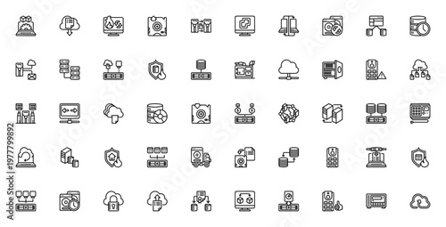 Network and Database icon set. Vector symbols for server, cloud, data transfer, backup, storage, security and computing. Editable stroke line icons.