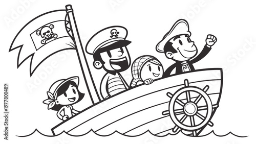 Cute Cartoon Kids on Pirate Ship Adventure Coloring Page Vector