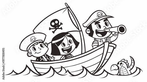 Cartoon Kids on a Pirate Ship Adventure Coloring Page Vector