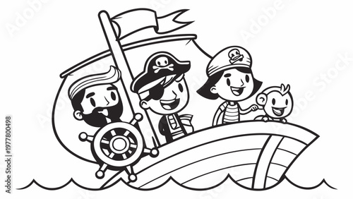 Cartoon Pirate Ship with Crew Coloring Page for Kids