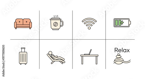 Relaxation icons for travel and leisure.