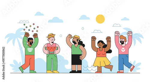 Diverse people celebrating, happy multicultural group, joyful friends dancing, summer fun vector icons