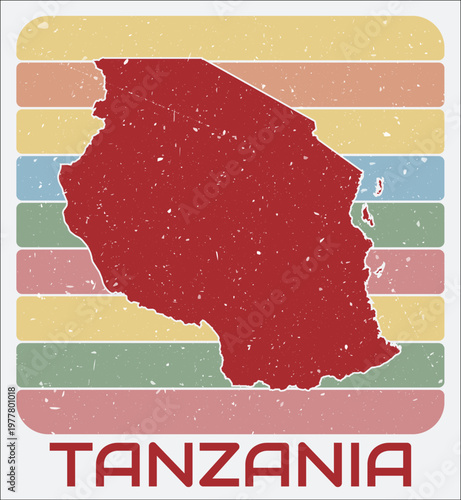 Tanzania vintage logo. Shape of the country on retro colored stripes background. Tanzania map design with grunge scratch texture. Vector illustration.