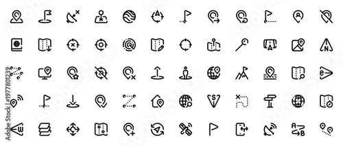 Location icon set. Vector symbols for GPS, map, navigation, globe, compass, direction, signal, travel and more. Editable thin line illustrations.