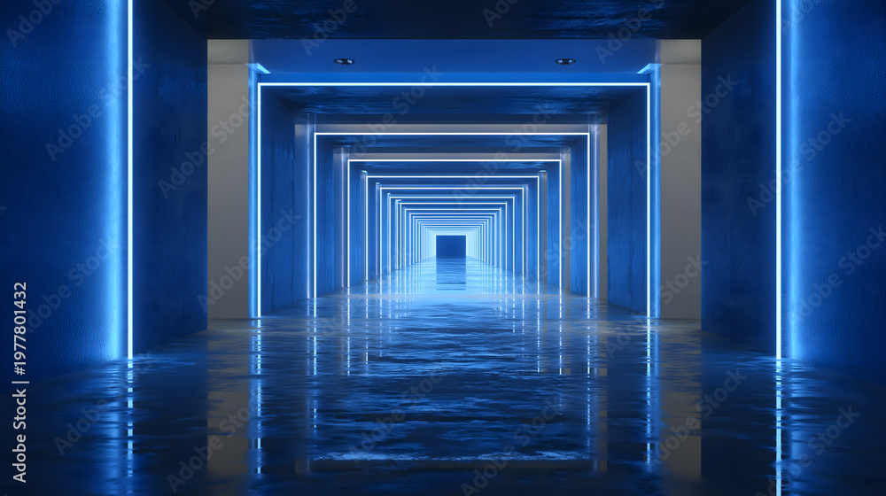 Fototapeta premium Futuristic Blue Geometric Corridor with Glowing Frames and Reflective Floor