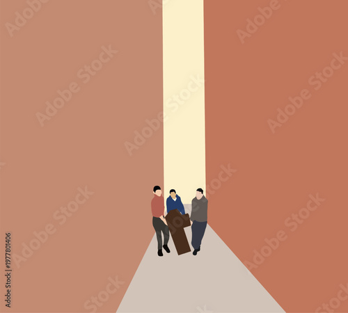 Men helping carry vintage piano walking on narrow city street. Delivery musical instrument.