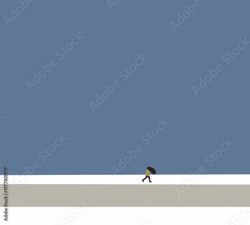 Man holding black umbrella against strong wind walking on snowy street. Winter atmosphere. Outdoor adventure