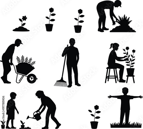 Gardening silhouettes people planting watering flowers garden care nature activity outdoor hobby landscaping tools growth eco lifestyle concept