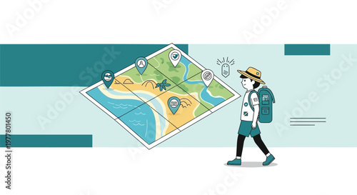 Travel, adventure, map, navigation, illustration, vector graphics, tourist, backpacker, route planning, exploration