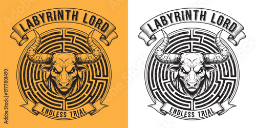 Labyrinth Lord Minotaur Bull Head with Circular Maze Background