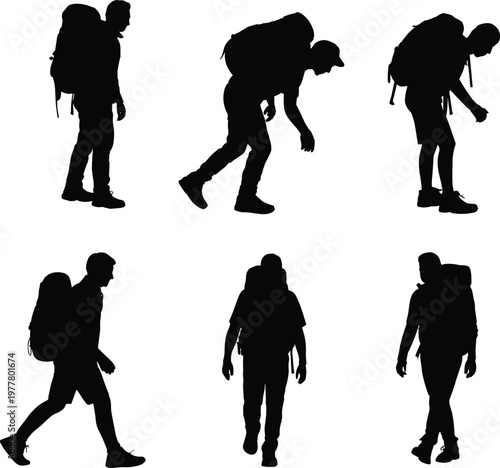 Silhouette hikers with backpacks walking trekking adventure travel outdoor journey camping expedition exploration mountaineering activity nature survival concept