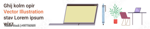 Work environment, home office, productivity tools, freelance work, digital workspaces, remote setups. Illustrated laptop, desk chair pen and plant. Work environment and home office concept