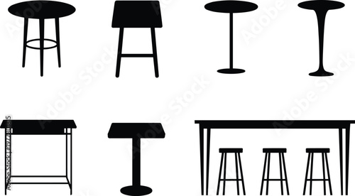 Table and stool silhouettes set furniture modern interior design collection bar table kitchen seating minimal vector illustration elements