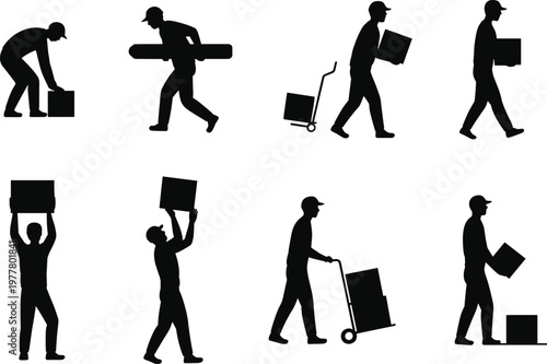 Silhouette workers lifting carrying boxes moving delivery logistics manual labor warehouse activity loading unloading transportation industrial service concept teamwork efficiency