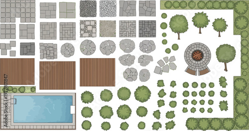 A comprehensive collection of vector elements for landscape design, including paving stones, trees, bushes, and a swimming pool, presented in a top-down view for architectural plans.