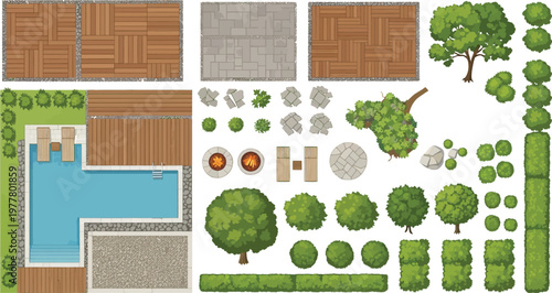 A comprehensive collection of top-down vector elements for landscape design, including swimming pool, wooden decks, trees, bushes, and various paving materials for backyard planning.