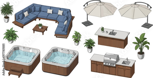 A comprehensive vector illustration set showcasing various outdoor living elements, including a large sectional sofa, hot tubs, patio umbrellas, and grill stations for backyard design.