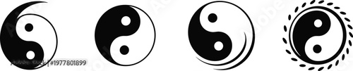 Yin yang symbol set silhouette balance harmony tao philosophy duality zen spirituality energy circle concept traditional asian design