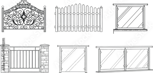 A comprehensive collection of various fence and railing designs, including ornate wrought iron, classic wooden picket, and modern glass panels, presented as technical line drawings.